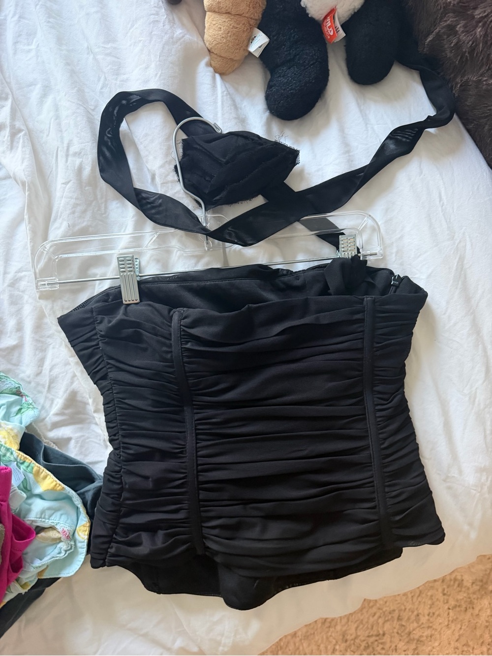 Zara Black Strapless Ruched Bandeau Corset Top with Scarf and Chiffon Flower - Picture 4 of 4
